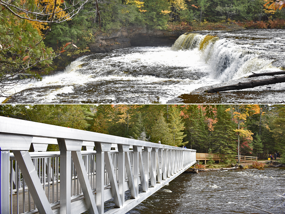 The Lower Tahquamenon Falls - waterfalls and bridge to island.